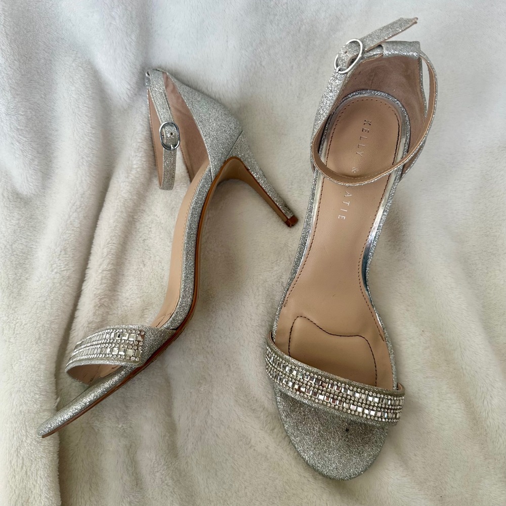 Kelly & Katie Kirstie Silver Glitter Rhinestone Ankle Strap Heels Women's 9‎